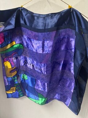 Vintage Picasso Multicolor Scarf with Blue, Green, Yellow and Pink Accents